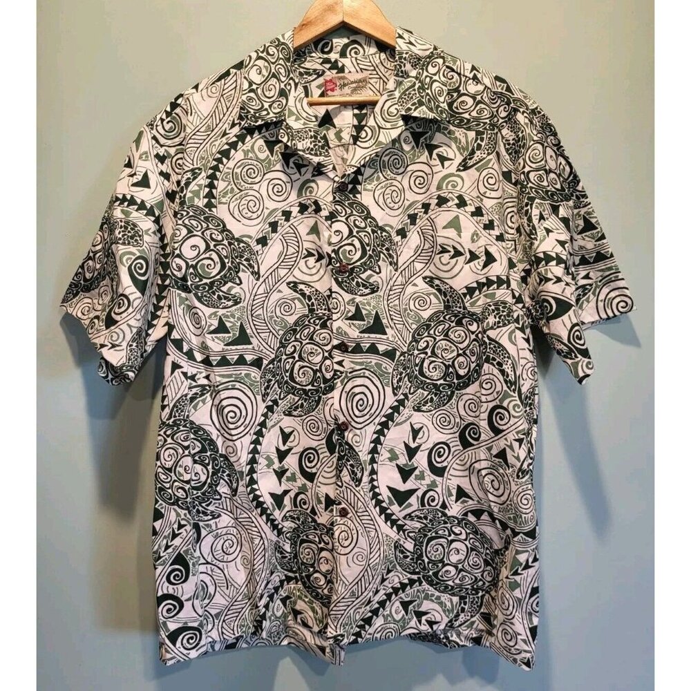 Mens Hilo Hattie Green White Sea Turtle Short Sleeve Button Up Hawaiian Shirt XL